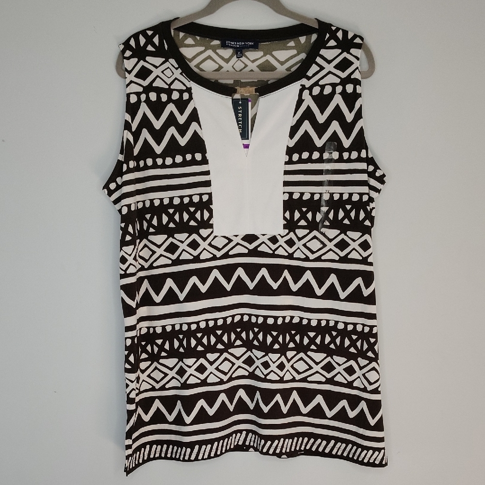 Jones New York Sleeveless Shell Size 2X Tribal Geometric Neutral Casual Summer